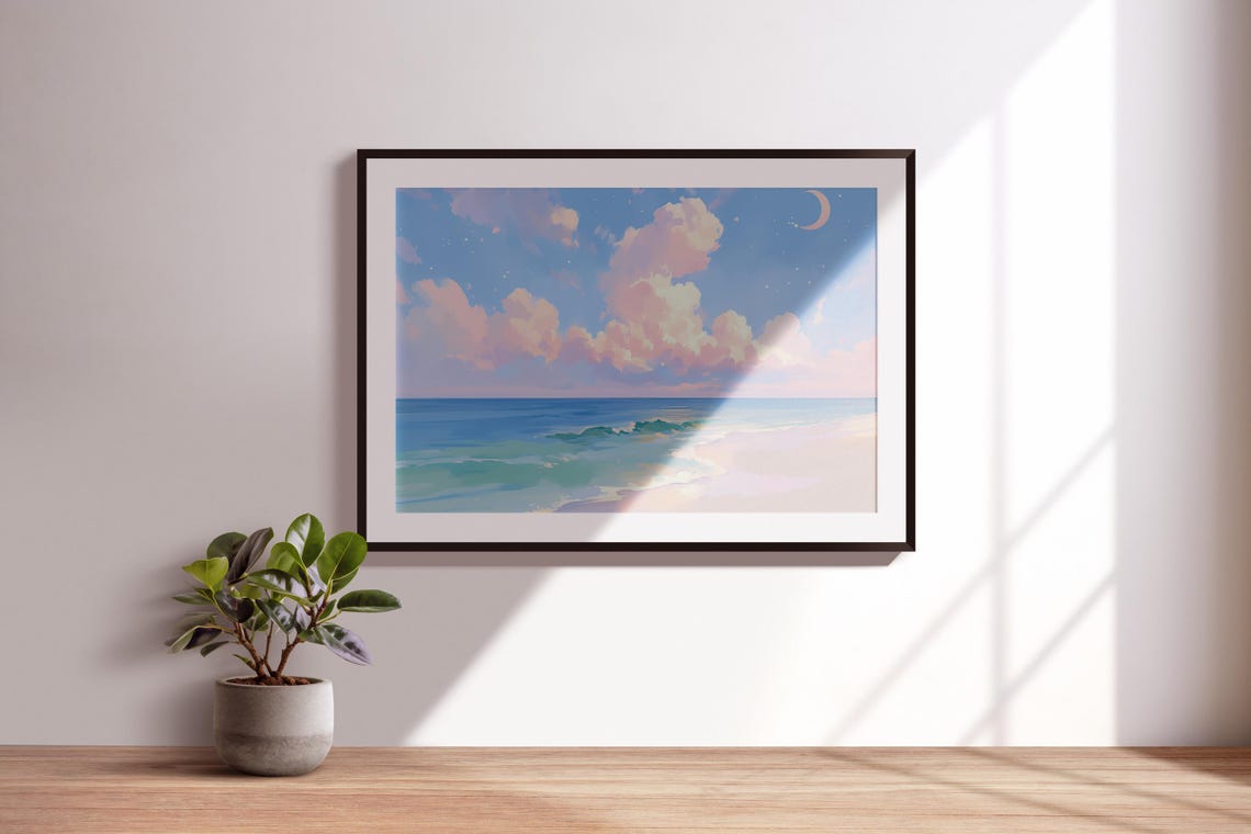 Pastel Beach Twilight Pink Clouds Crescent Moon Turquoise Waves Poster - Image 3