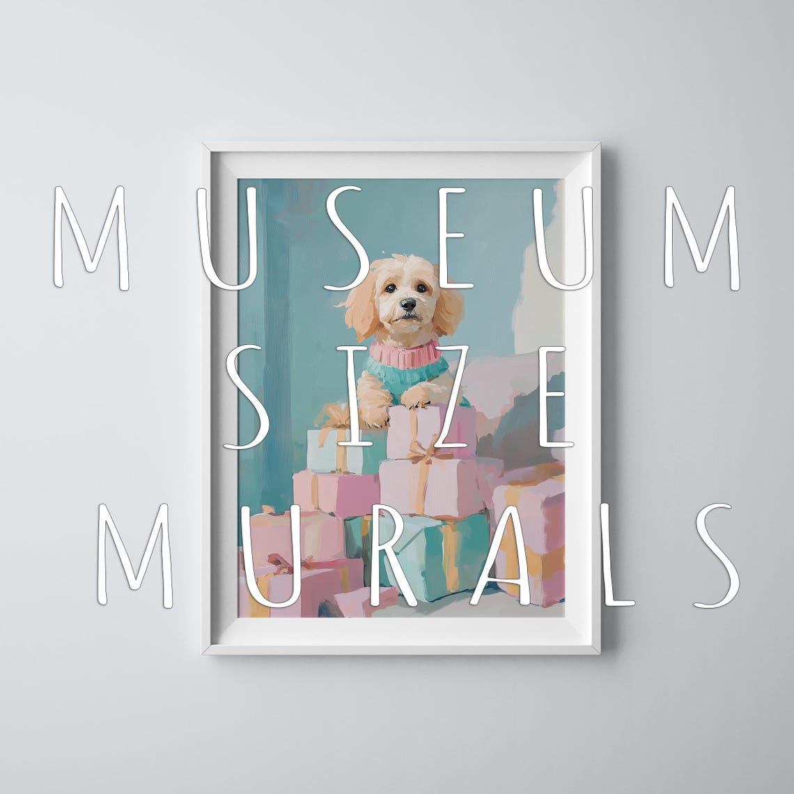Fluffy Cream Puppy In Sweater Sitting Among Pastel Gift Boxes Poster - Image 3