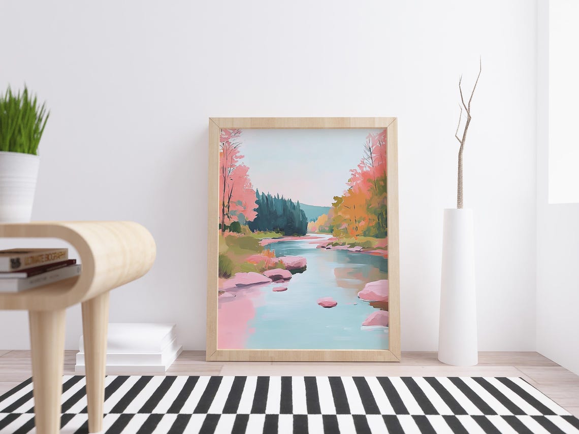 Autumn River Pink Trees Blue Water Fall Foliage Wall Art Print - Image 4