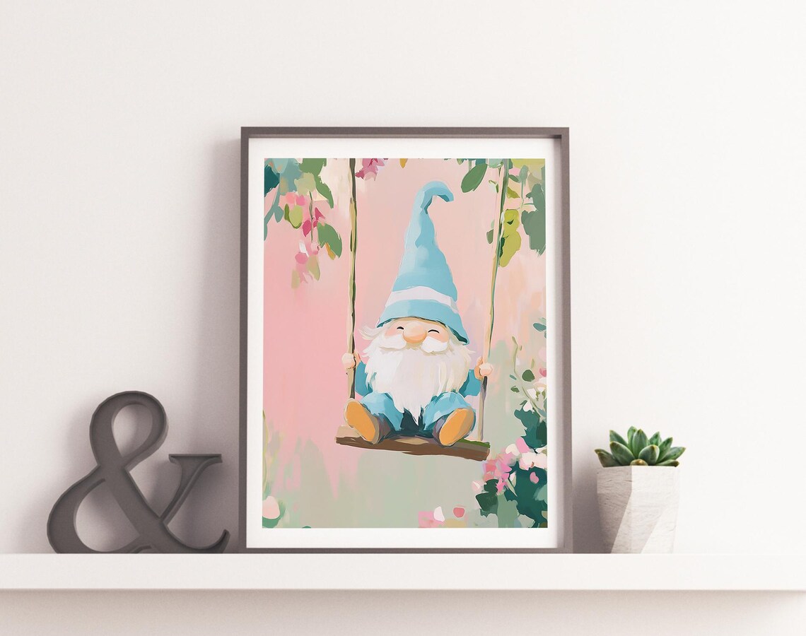 Smiling Garden Gnome On A Swing In Pink Blossom Garden Art Poster - Image 4