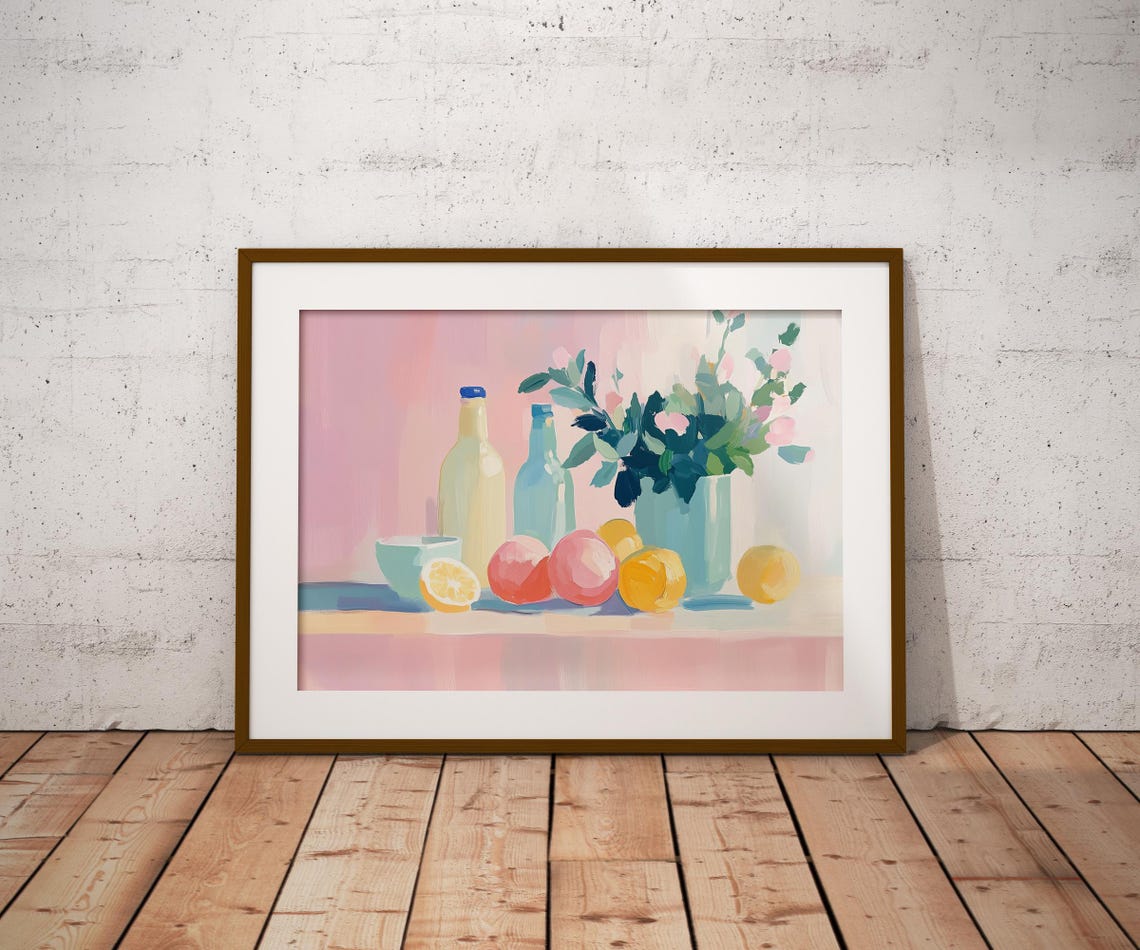 Pastel Still Life Lemons Bottles and Flowers Kitchen Wall Art Print - Image 2