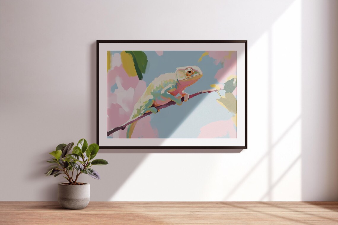 Pastel Chameleon On Branch Colorful Reptile Nature Art Wall Print - Image 3