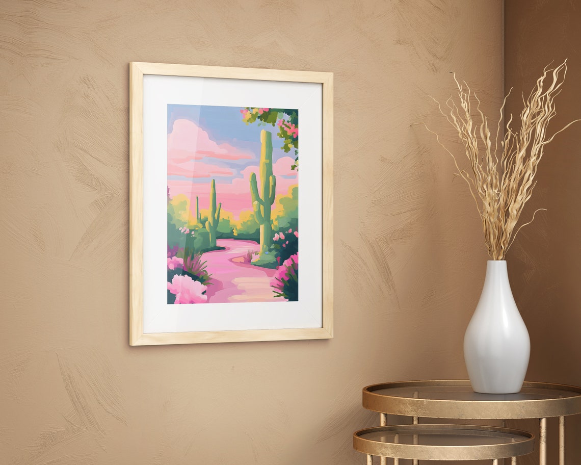 Colorful Pink Desert Garden Path Saguaro Cacti Sunset Poster - Image 2