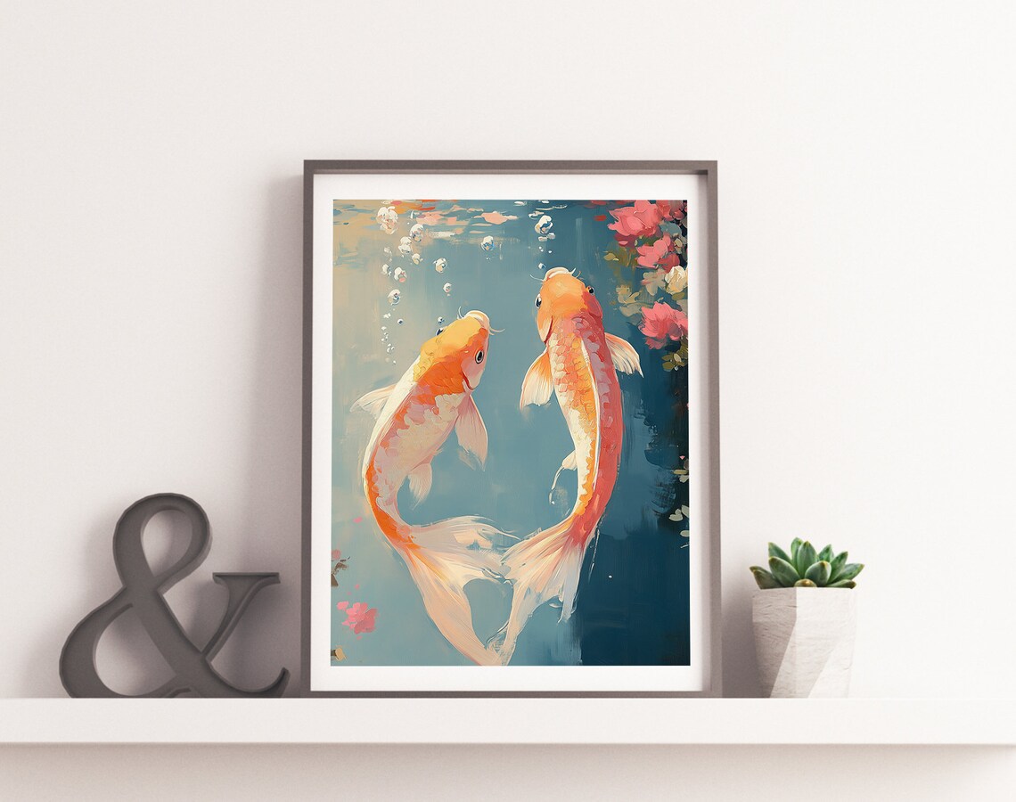 Peaceful Orange Koi Fish Pair Swimming Pastel Teal Pond Print - Image 4