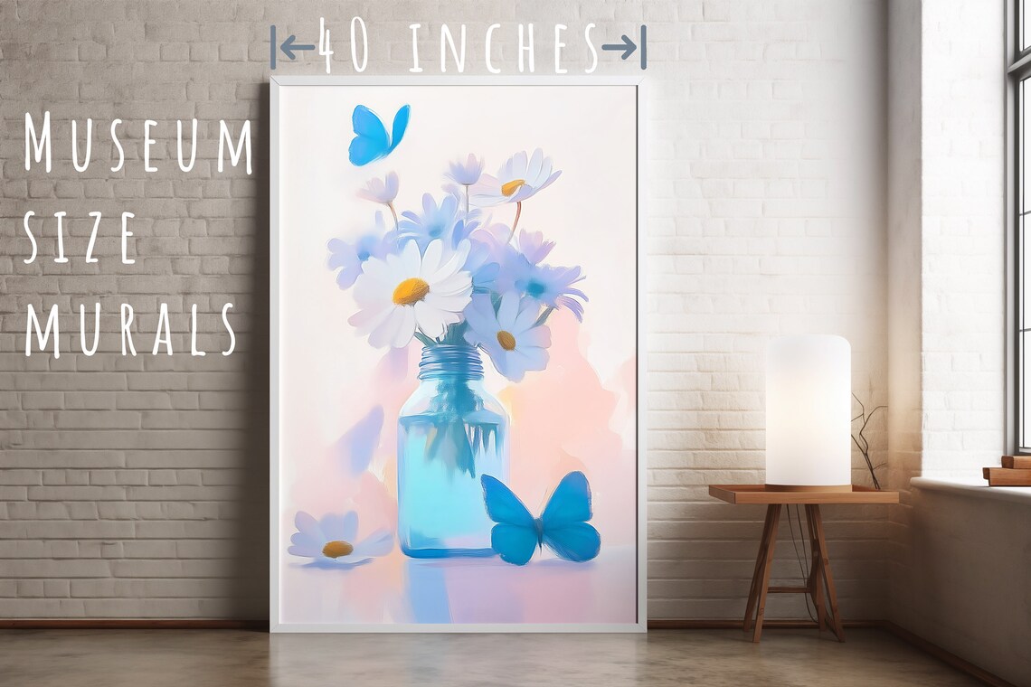 White Daisies In Blue Bottle Vase Blue Butterflies Pastel Print - Image 4