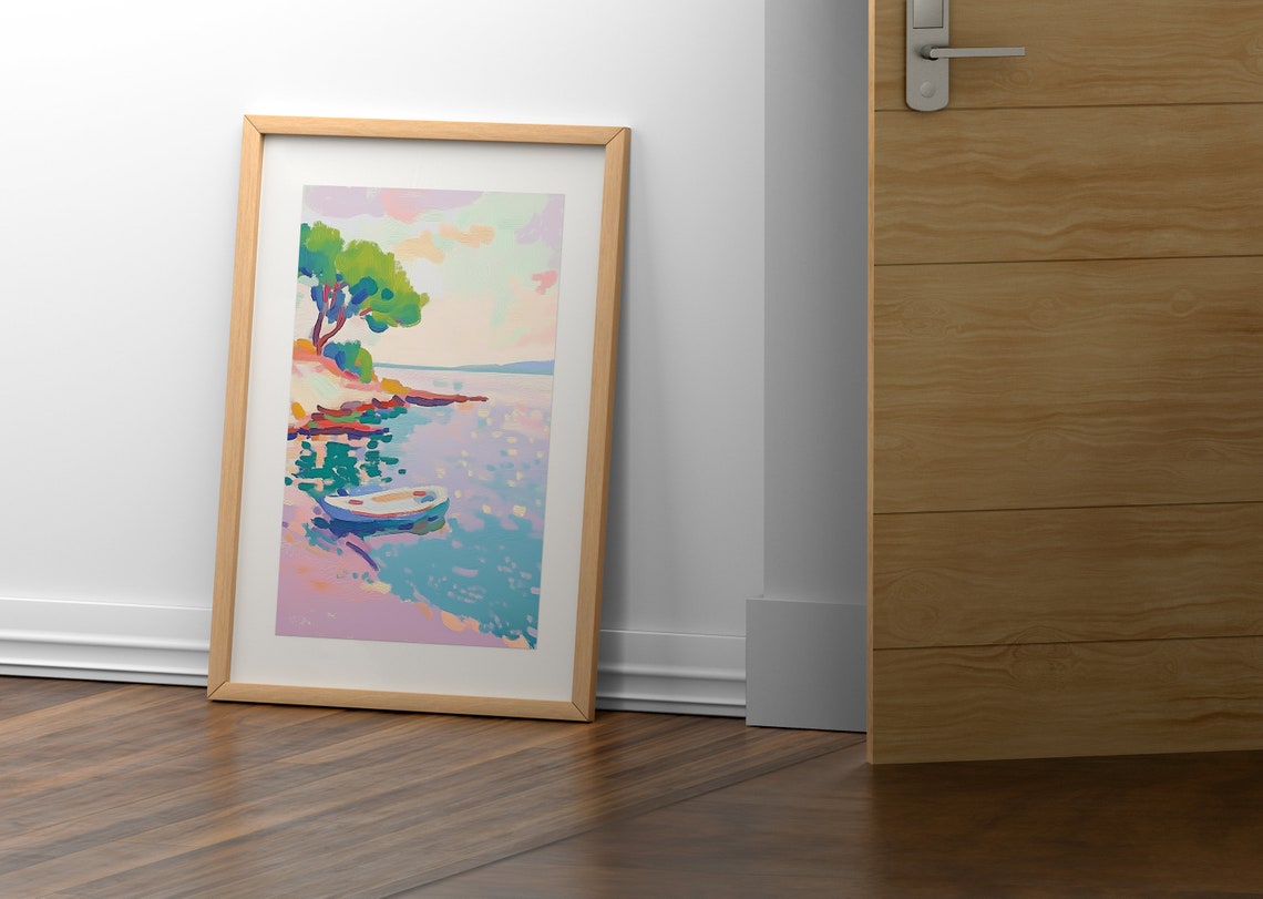 Luminous Shoreline Boat Lake Artwork Canoe Artwork Wooden Boat Print Still Lake Art Print Autumn Lake Art Lake Scene Oil Painting - Image 4