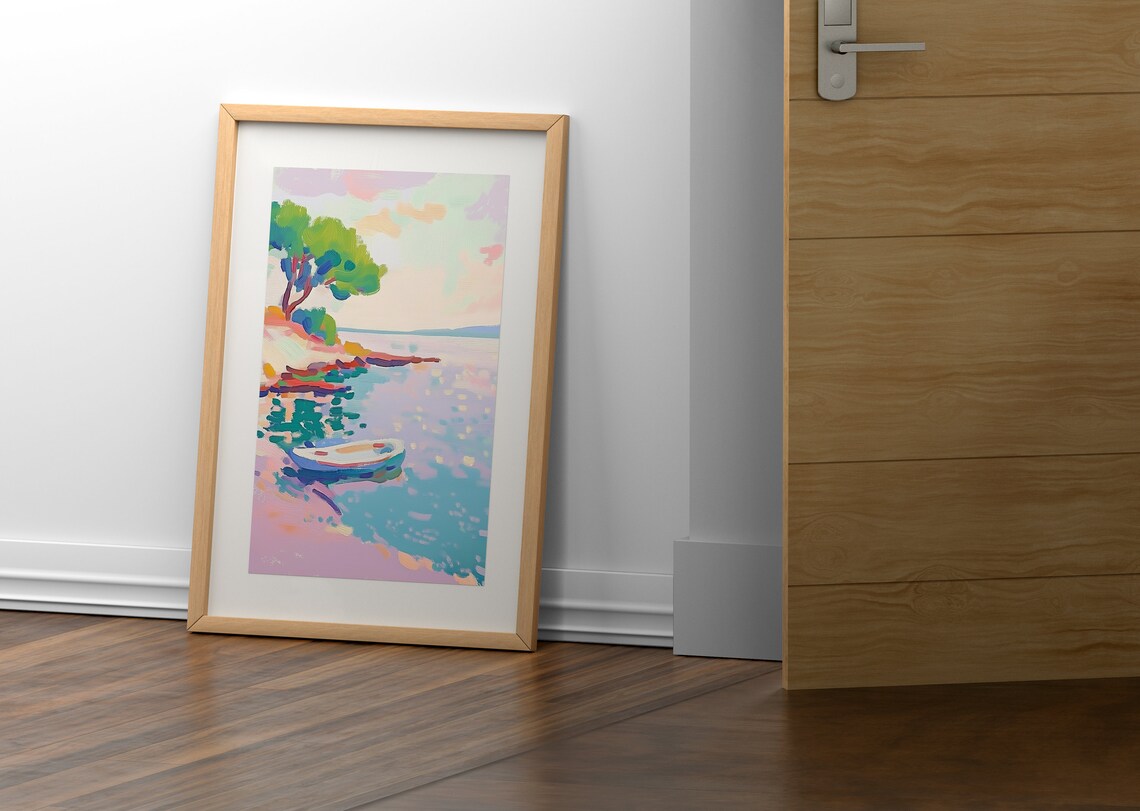 Pastel Lakeside Rowboat Pine Trees Calm Water Wall Art Print - Image 4
