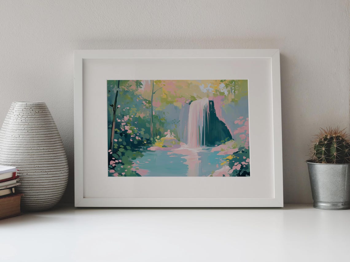 Forest Waterfall Pink Blossoms Fairy Pond Dreamy Nature Art Print - Image 4