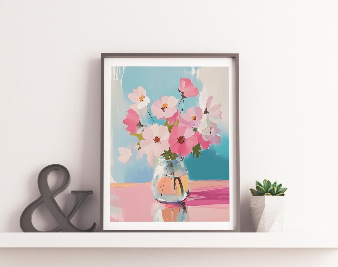 Pink Cosmos Flowers Glass Vase Pink Table Pastel Floral Art Poster - Image 4