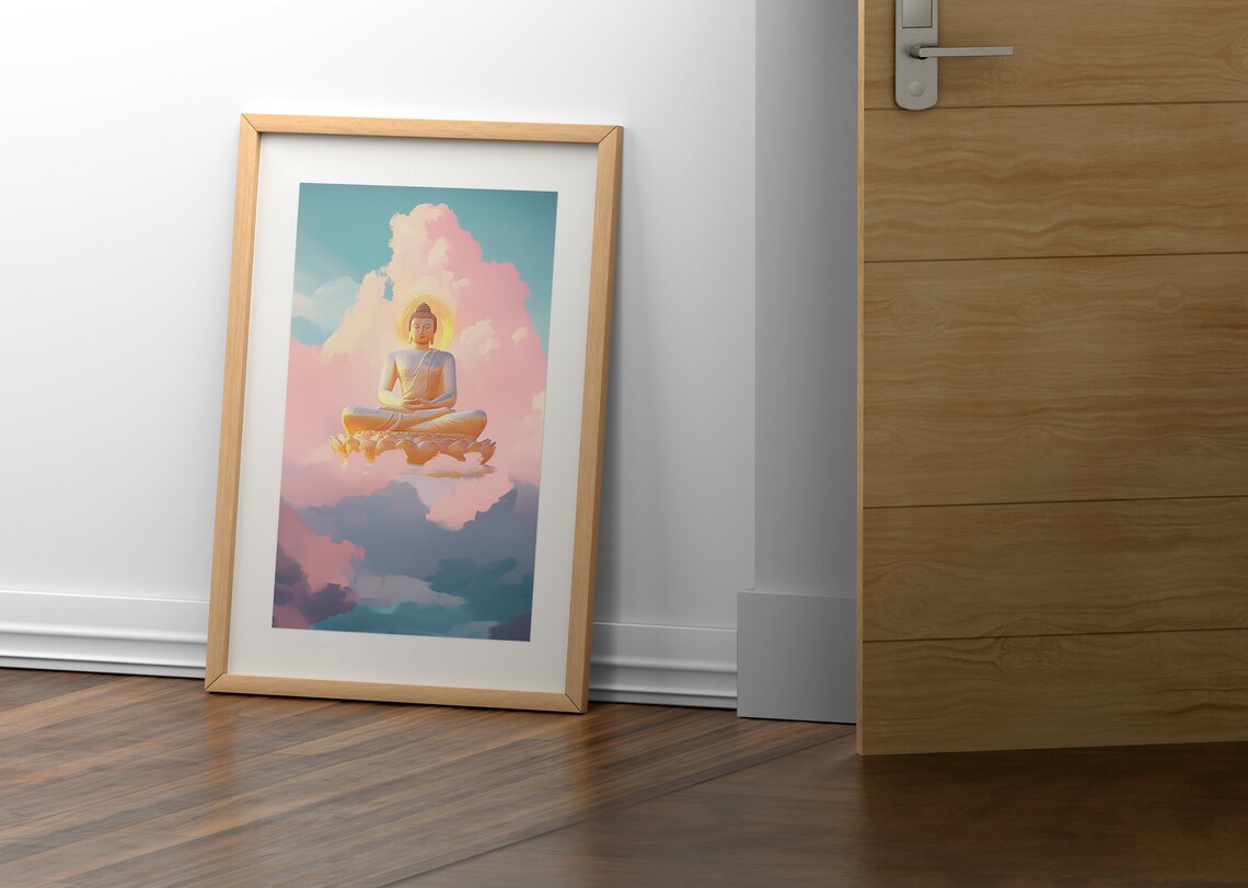 Golden Buddha on Lotus Throne in Pink Clouds Pastel Meditation Wall Poster - Image 2