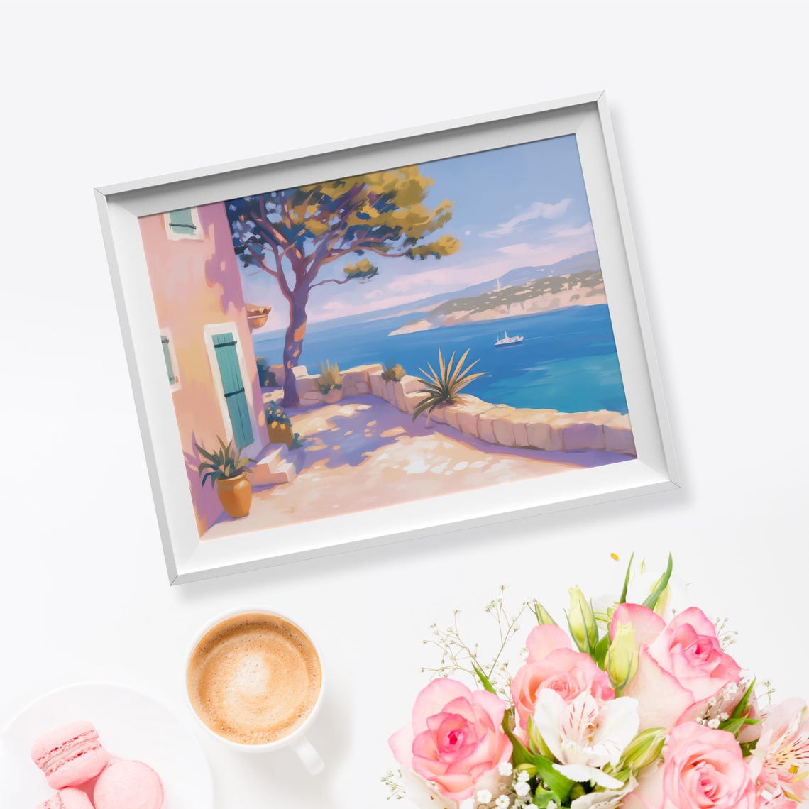 Mediterranean Coastal Terrace Pink Villa Pine Tree Blue Sea Poster - Image 5