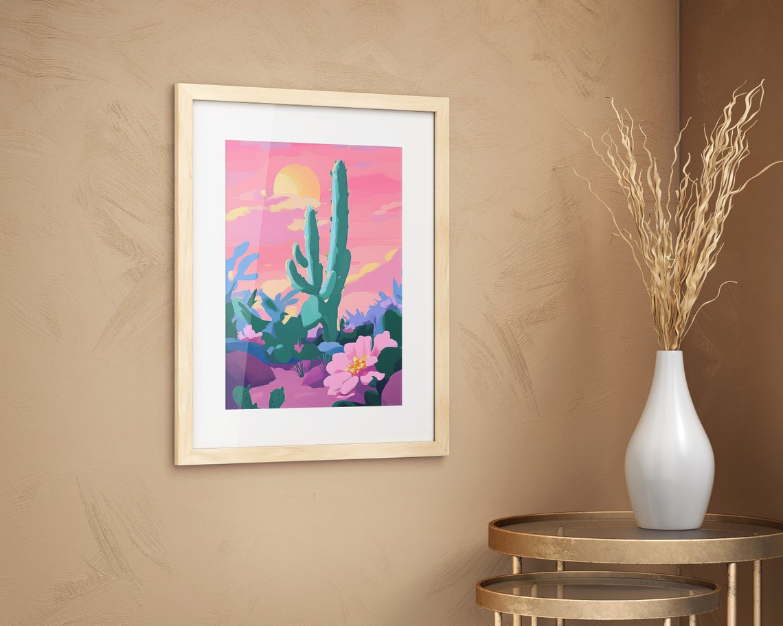 Pink Desert Sunset Saguaro Cactus Flower Colorful Art Poster - Image 2