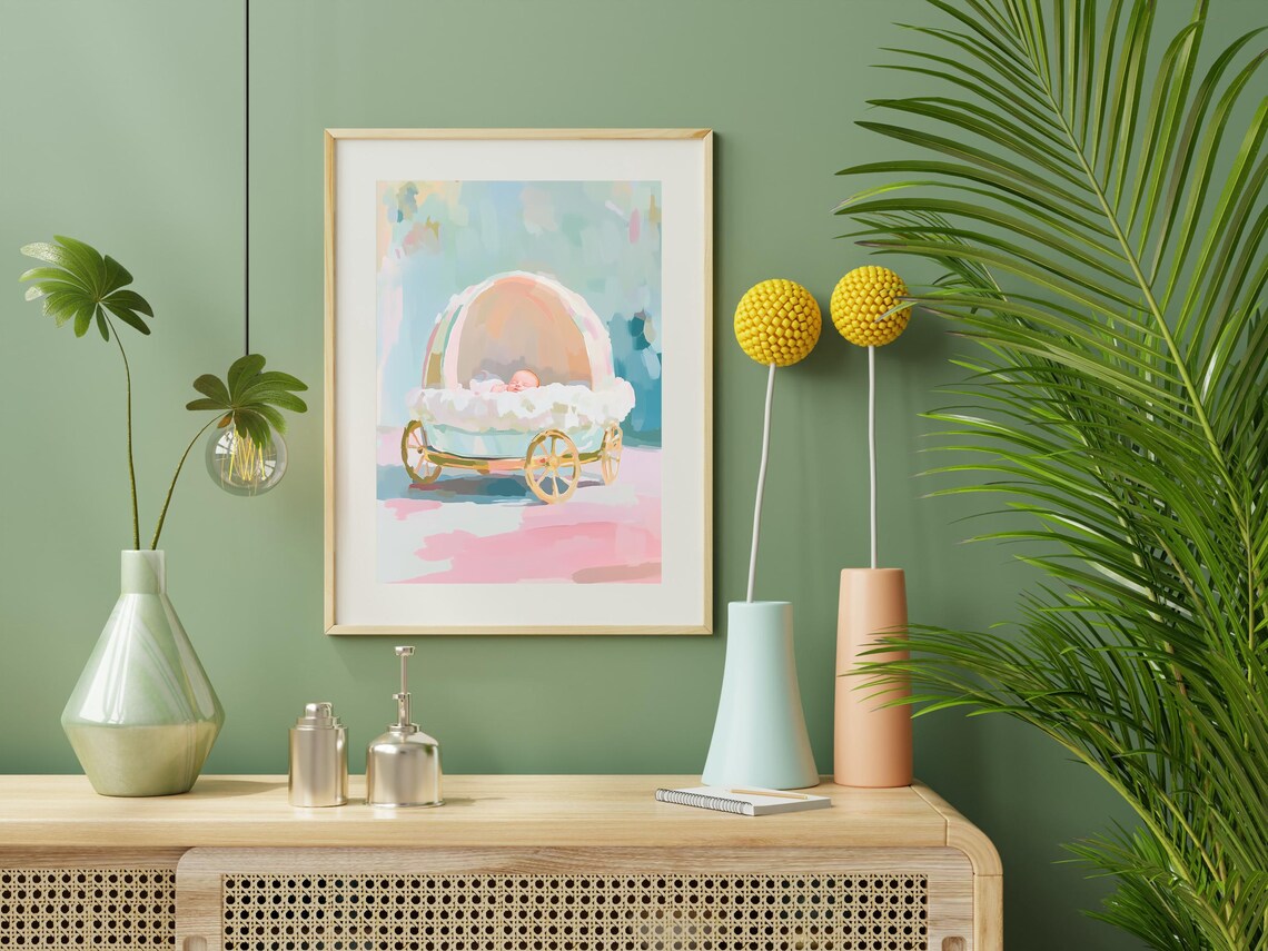 Sleeping Baby Vintage Pastel Pram Golden Wheels Nursery Wall Art - Image 2