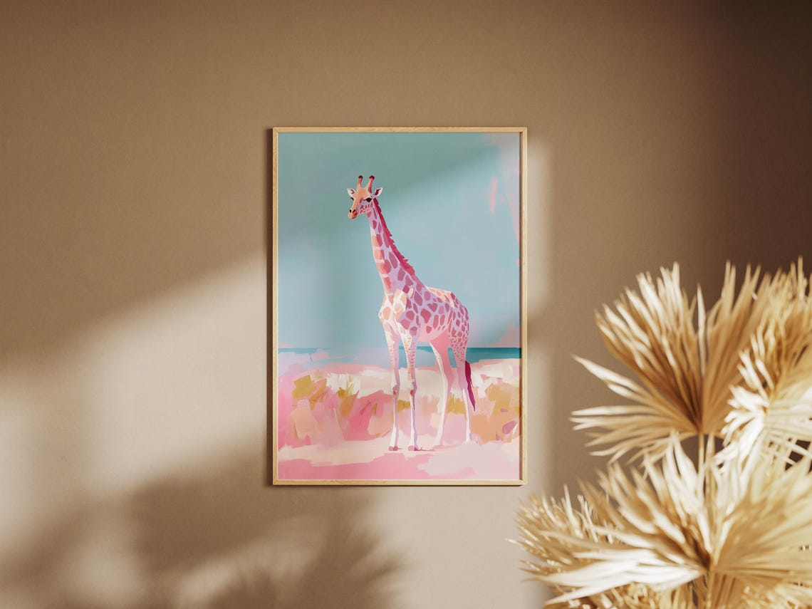 Cute Pink Pastel Giraffe Standing On Savannah Teal Sky Art Print - Image 4