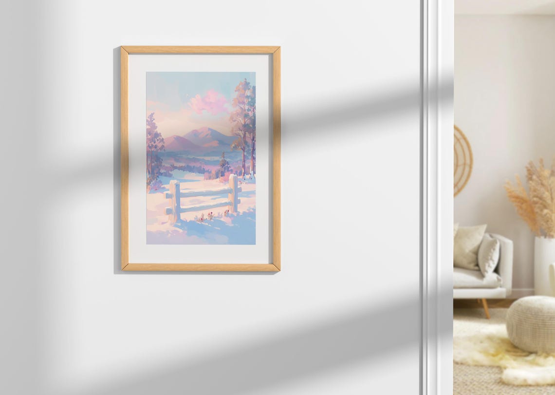 Pastel Winter Sunrise Over Snowy Hills And Split Rail Fence Print - Image 2