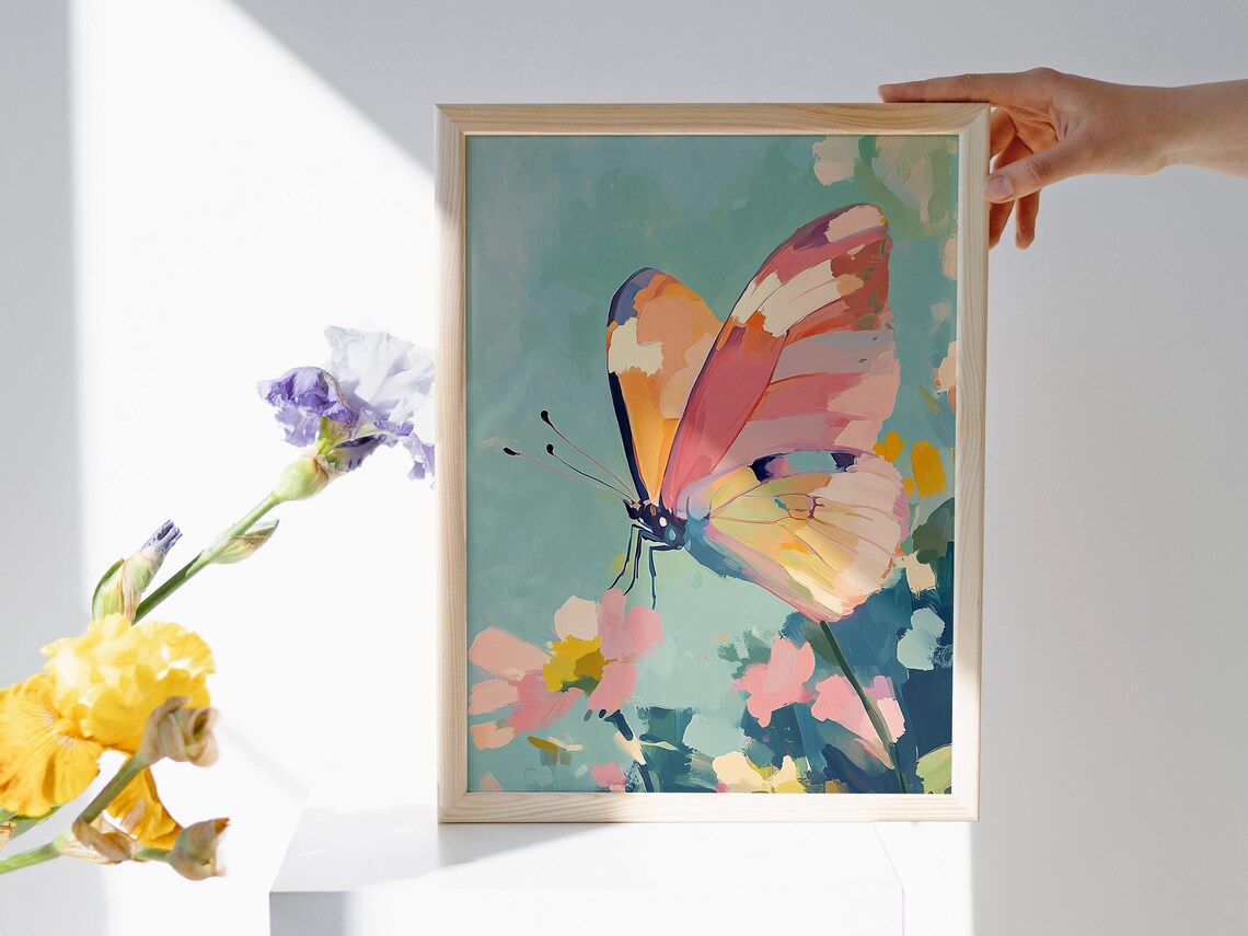 Pastel Butterfly On Pink Flowers Mint Green Garden Spring Art Poster - Image 2