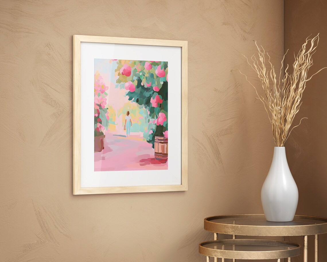 Woman Walking Rose Garden Path Pink Blooms Spring Wall Art Print - Image 2