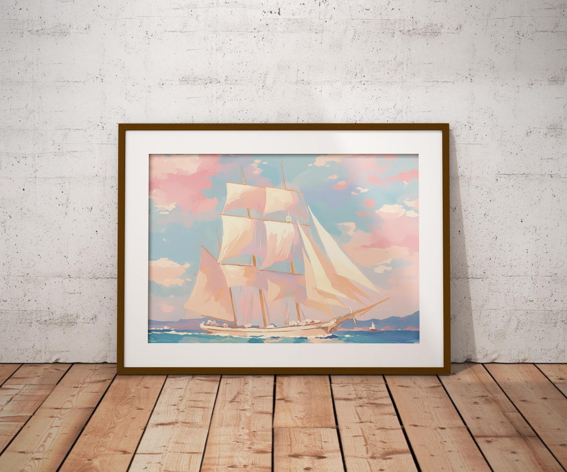 Tall Ship White Sails Pink Clouds Blue Ocean Vintage Sailing Poster - Image 2