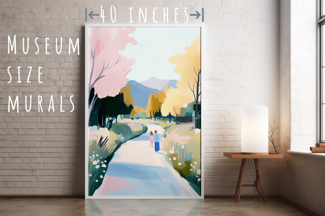 Couple Walking Country Path Pastel Mountains Spring Wall Art Print - Image 5