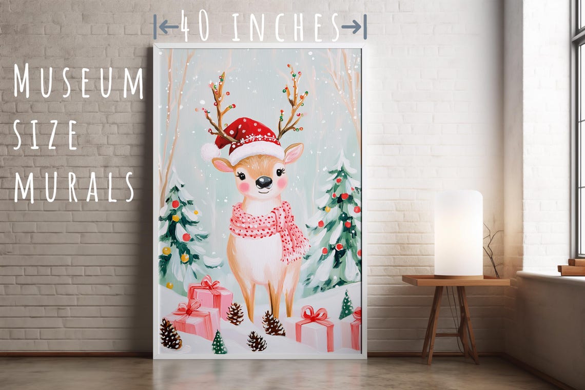 Cute Reindeer In Santa Hat And Scarf With Christmas Trees Poster - Image 5