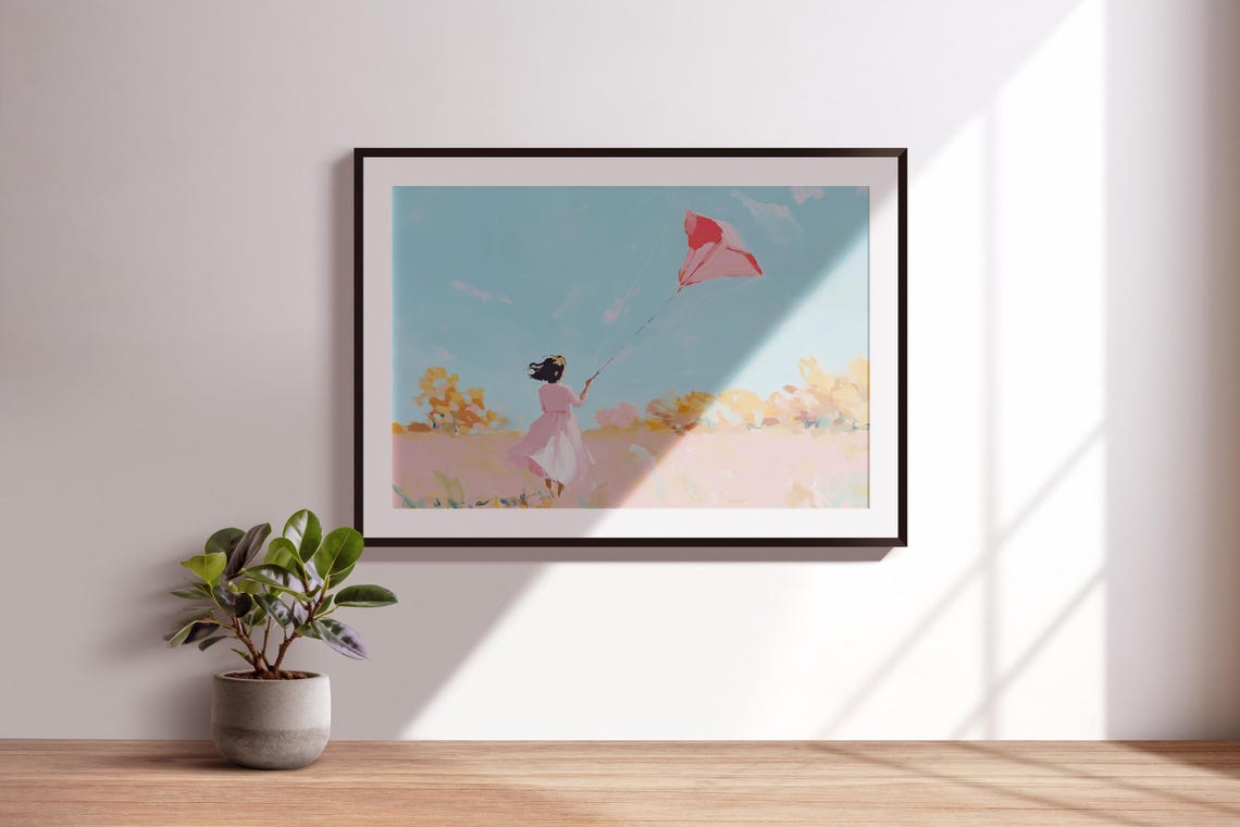 Soft Pastel Girl With Red Kite Red Kite Painting Girl Chasing Kite Child With Kite Autumn Field Art Soft Pastel Painting Colorful Sky - Image 3