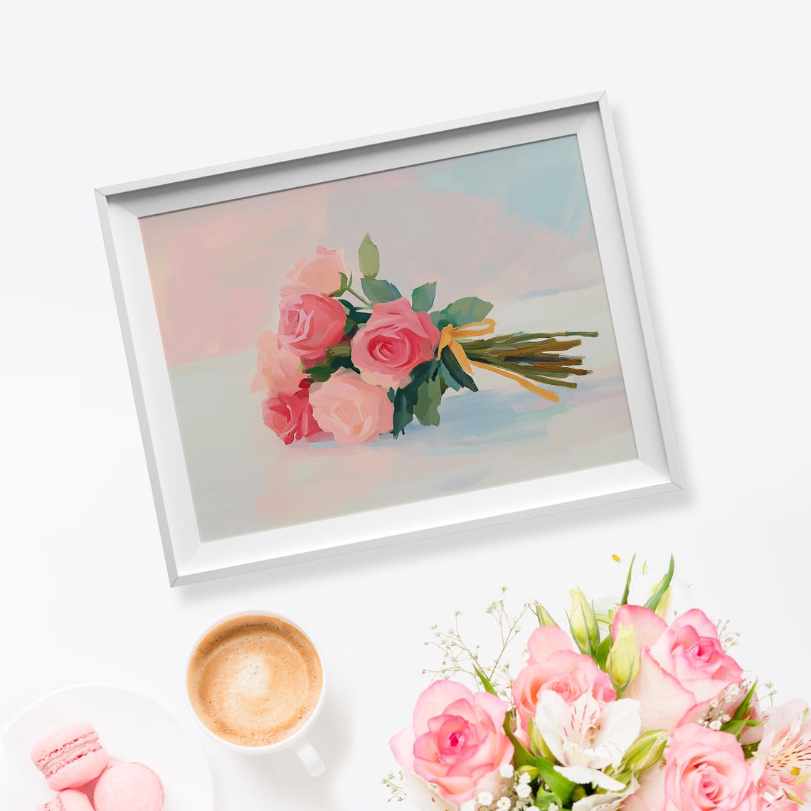 Pink Rose Bouquet Yellow Ribbon Pastel Romantic Wall Art Print - Image 5