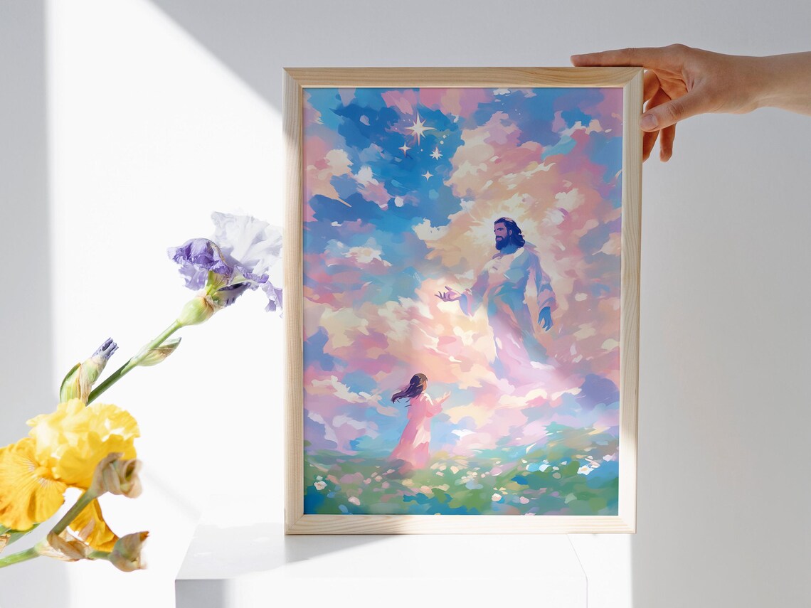 Jesus Christ Reaching Out Woman Flower Field Pastel Sky Christian Faith Poster - Image 4