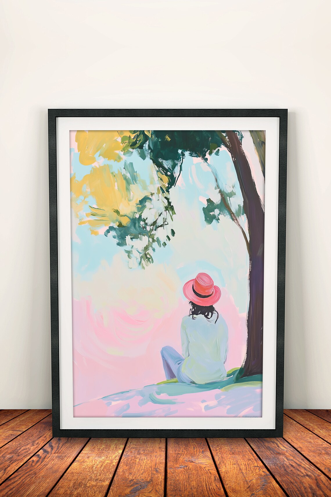 Woman Watching Pink Sunset Under Tree Pastel Solitude Art Poster - Image 2
