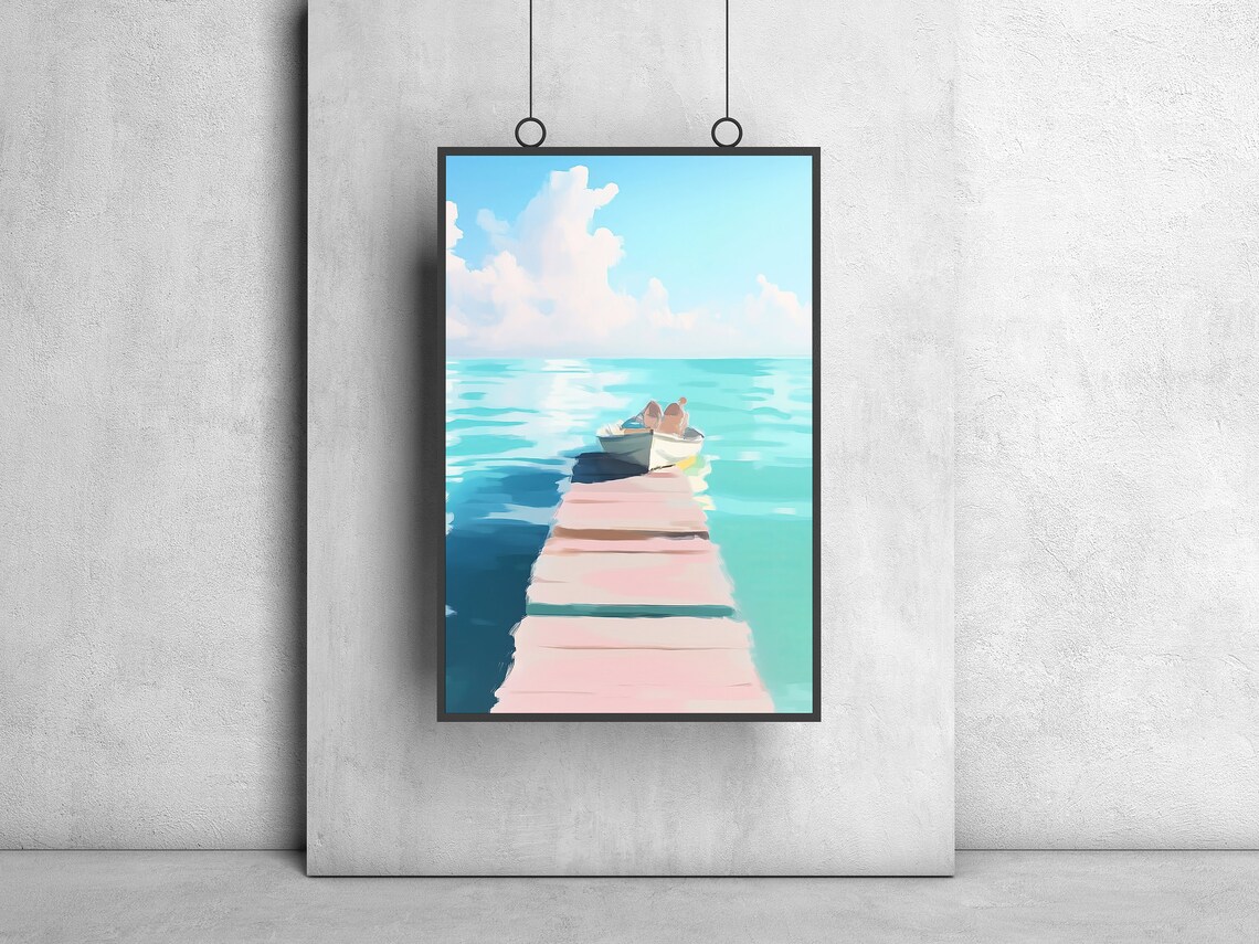 Wooden Dock With Rowboat Over Turquoise Water Peaceful Poster - Image 2