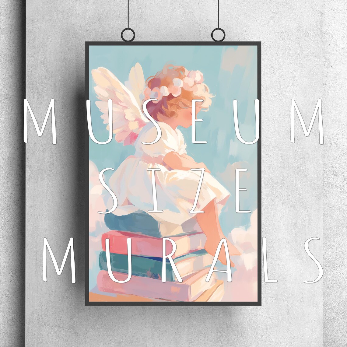 Little Angel Sitting On A Stack Of Pastel Books Among Clouds Poster - Image 3
