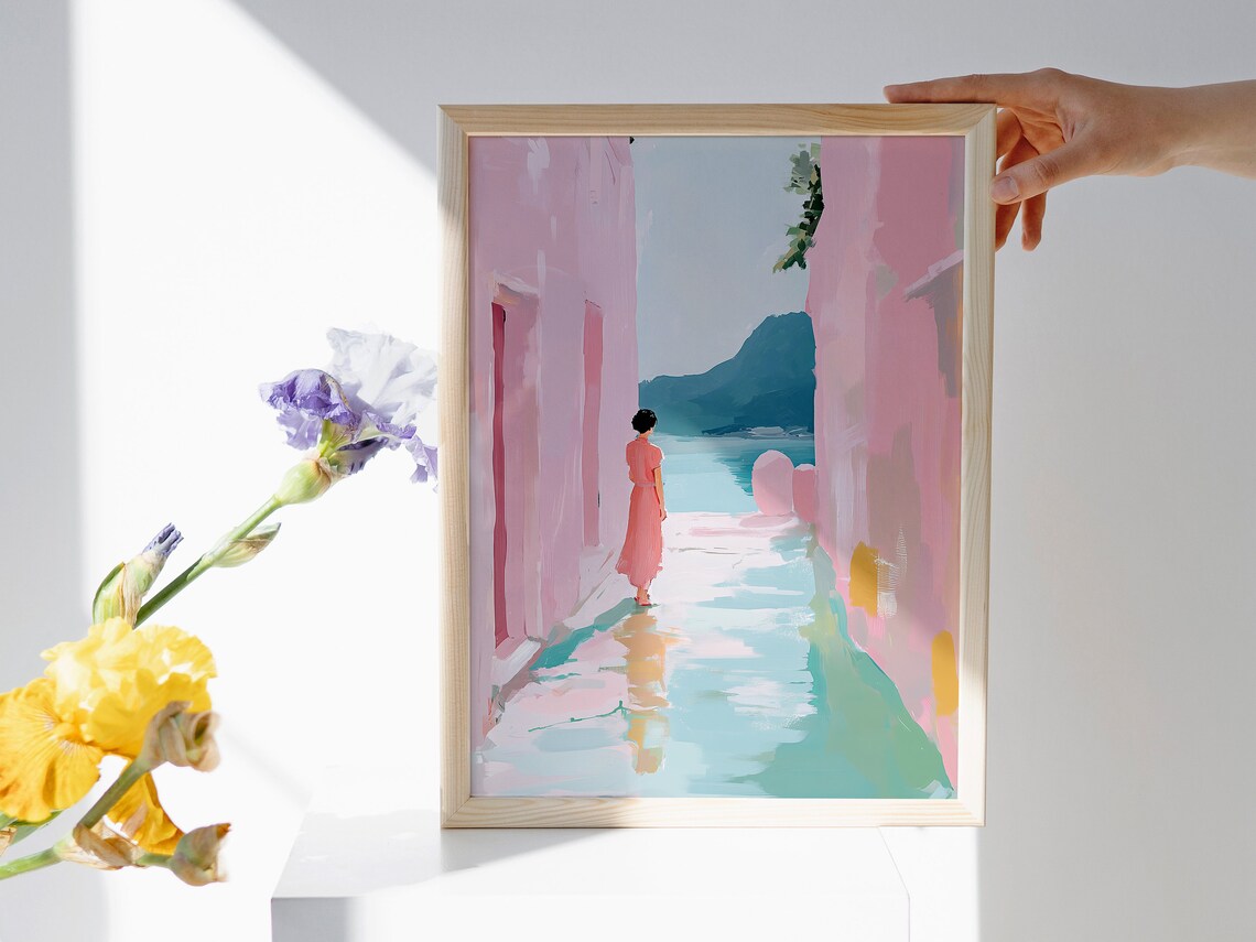 Woman Walking Pink Alley Toward the Sea Coastal Travel Poster - Image 4
