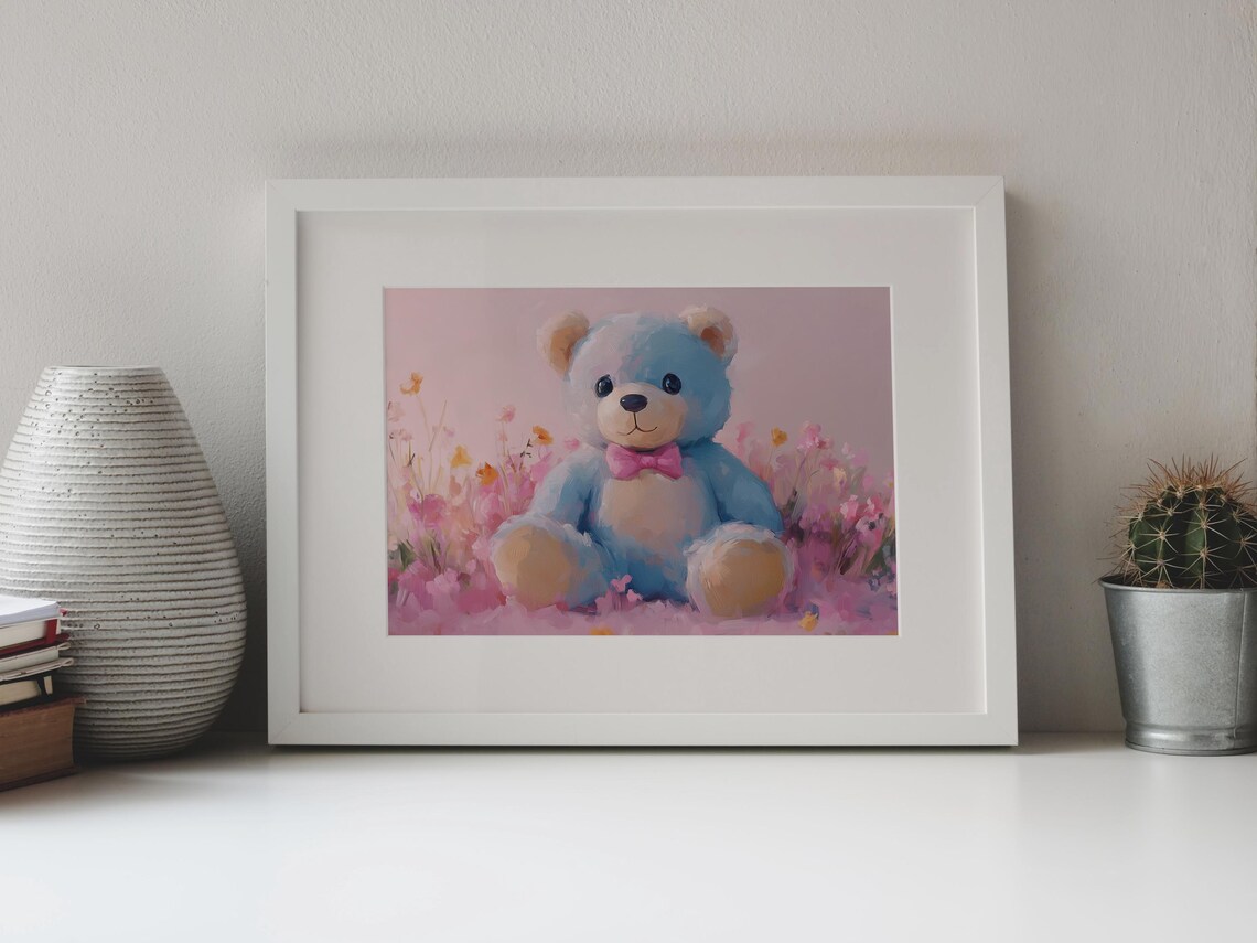 Blue Plush Teddy Bear Pink Bow Tie Wildflower Field Nursery Kids Wall Art - Image 4
