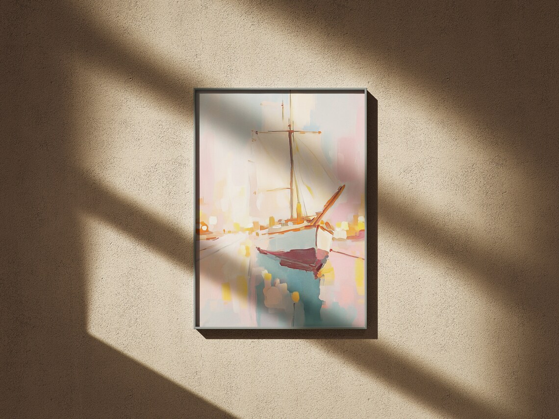Sailboat in a Soft Pink Harbor Morning Haze Nautical Wall Art Poster Print - Image 2