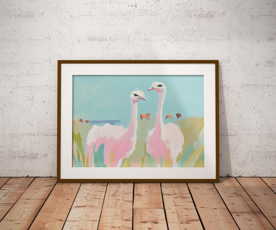 Pink Ostrich Painting Soft Pastel Birds Savannah Art Print Ostrich Nursery Art Pink Animal Painting Ostrich Pastel Watercolor Ostrich - Image 2