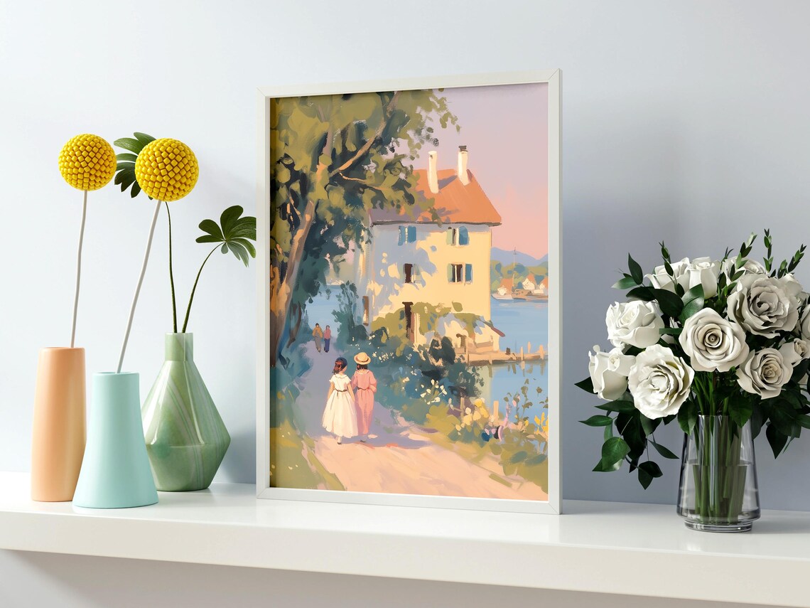 Sunlit European Lakeside Villa With Blue Shutters Vintage Travel Poster - Image 2