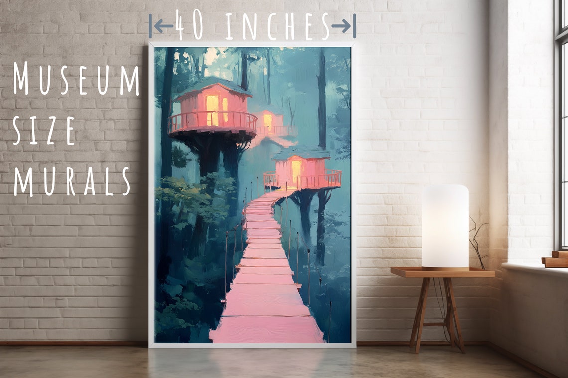 Glowing Treehouses in a Misty Forest Wooden Walkway Fantasy Art Poster - Image 5