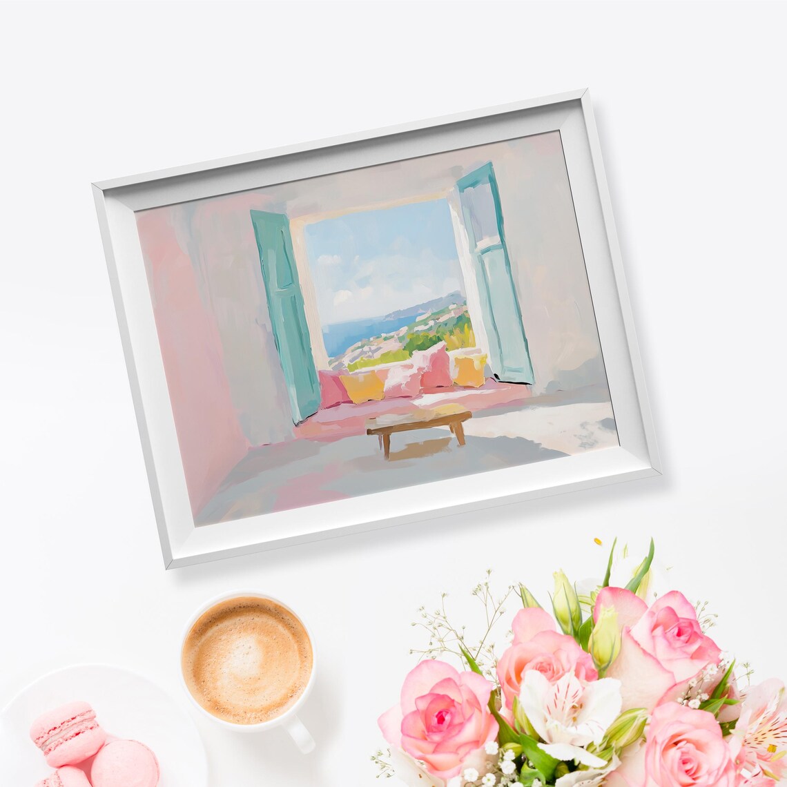 Mediterranean Window With Teal Shutters Overlooking Ocean Coast Pastel Poster - Image 5