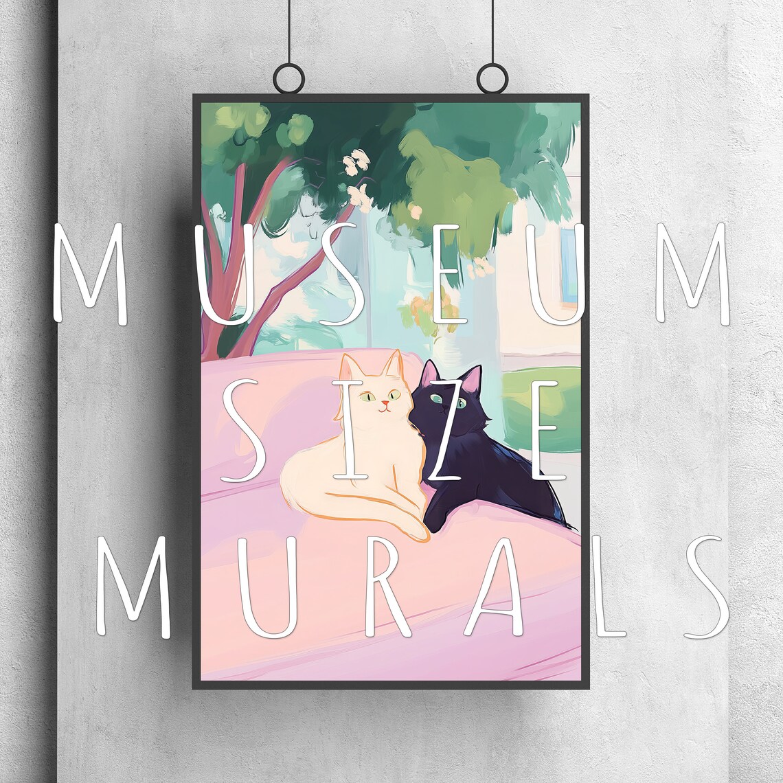 Two Cats Cuddling on Pink Couch Cute Illustration Cat Lover Wall Poster - Image 3