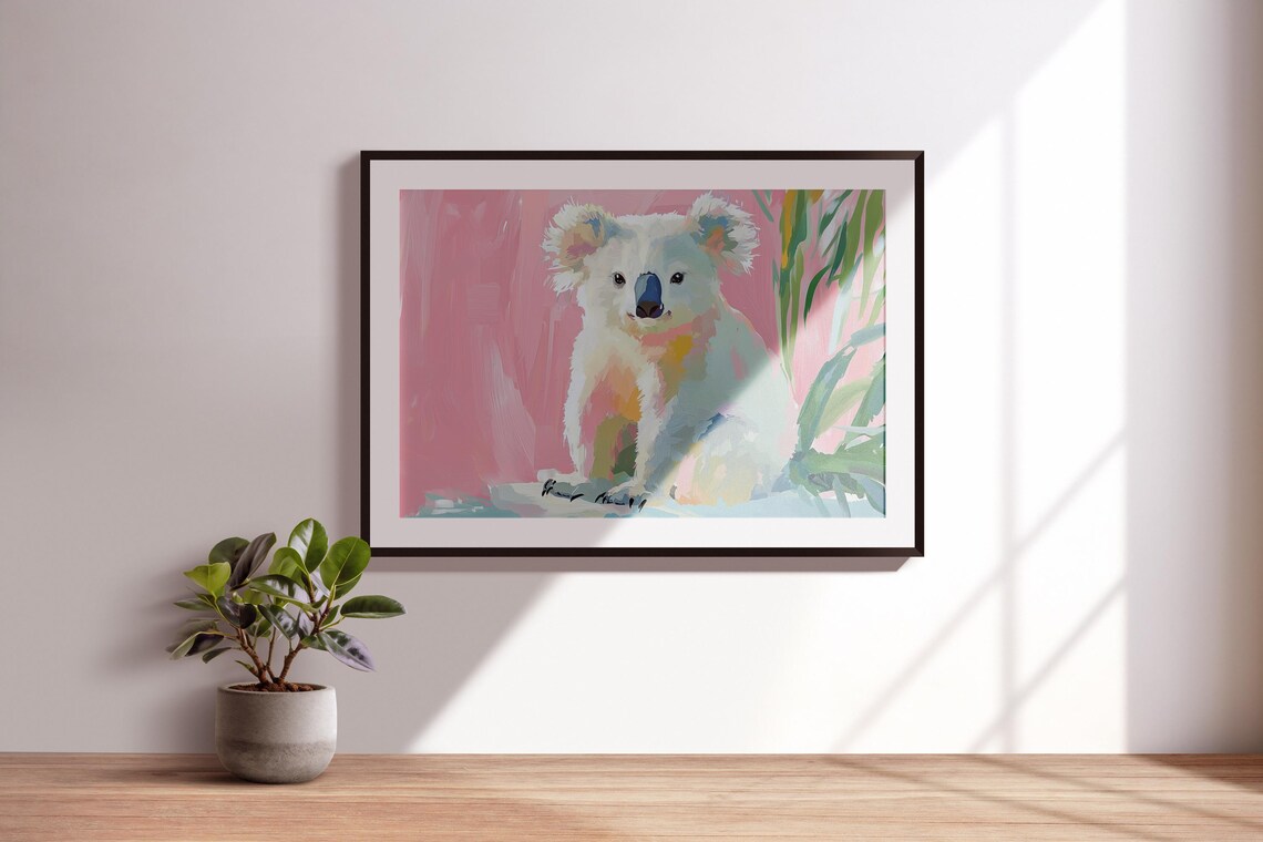 Cute White Koala Portrait Pink Background Eucalyptus Art Poster - Image 3
