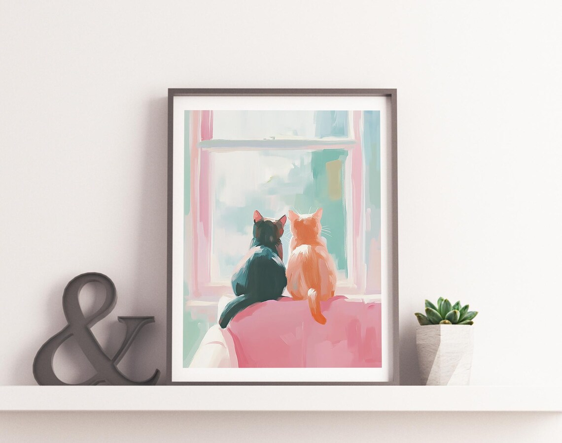 Two Cats Looking Out Window Pastel Pink Cute Feline Wall Art Print - Image 4