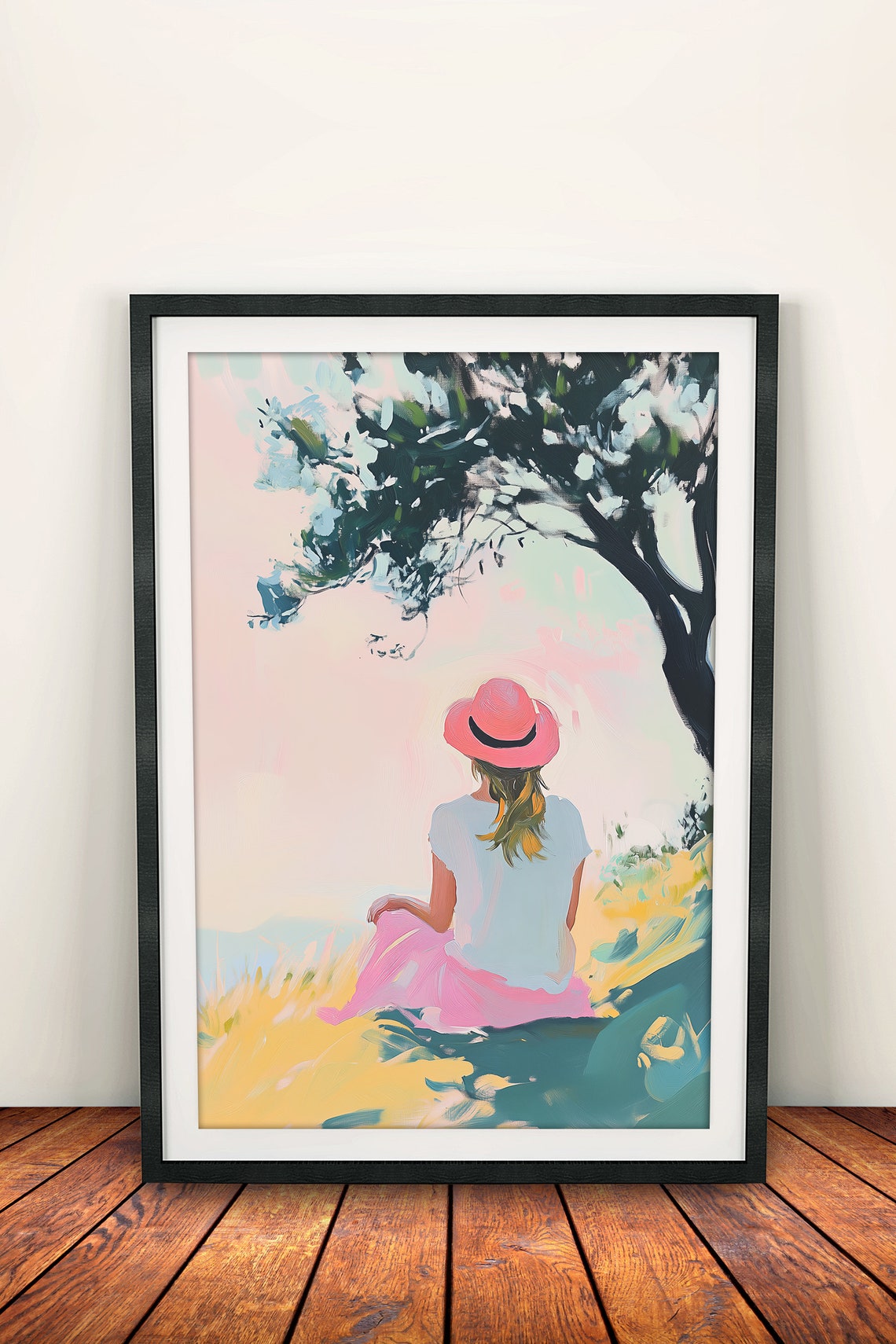 Woman in Pink Hat Resting Under Tree Pastel Solitude Art Poster - Image 2
