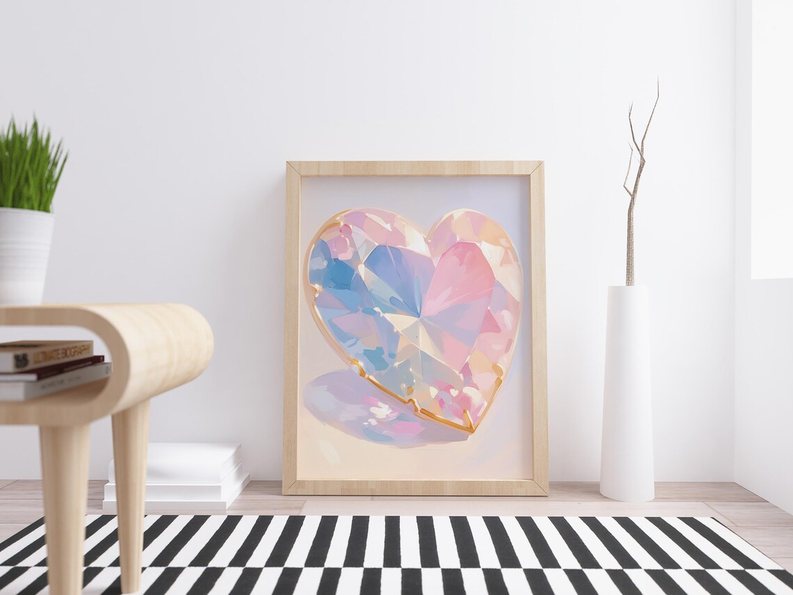 Heart Shaped Faceted Crystal Iridescent Pink Blue Gemstone Art Poster - Image 4