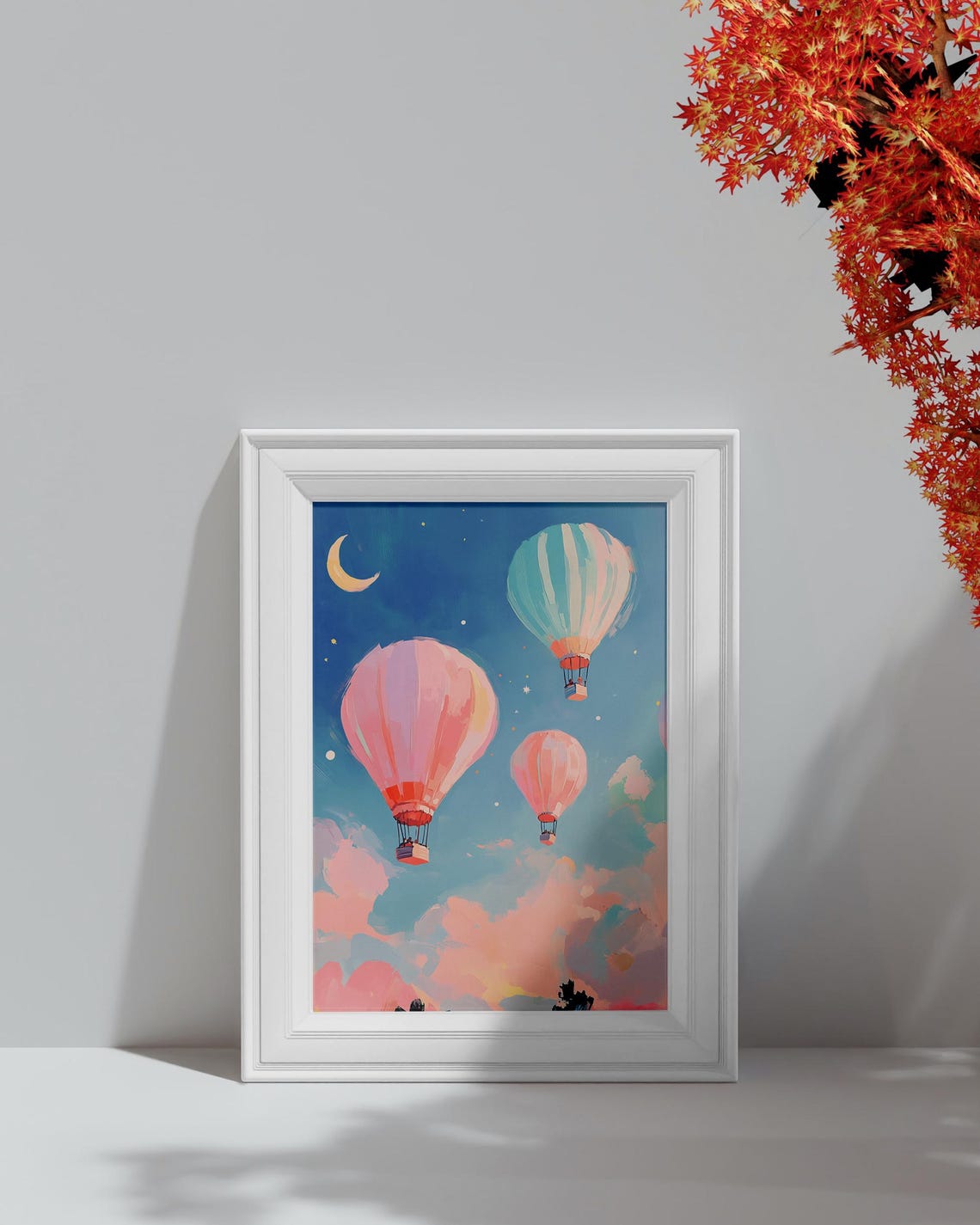 Pink Hot Air Balloons Starry Sky Crescent Moon Night Clouds Art Poster - Image 4