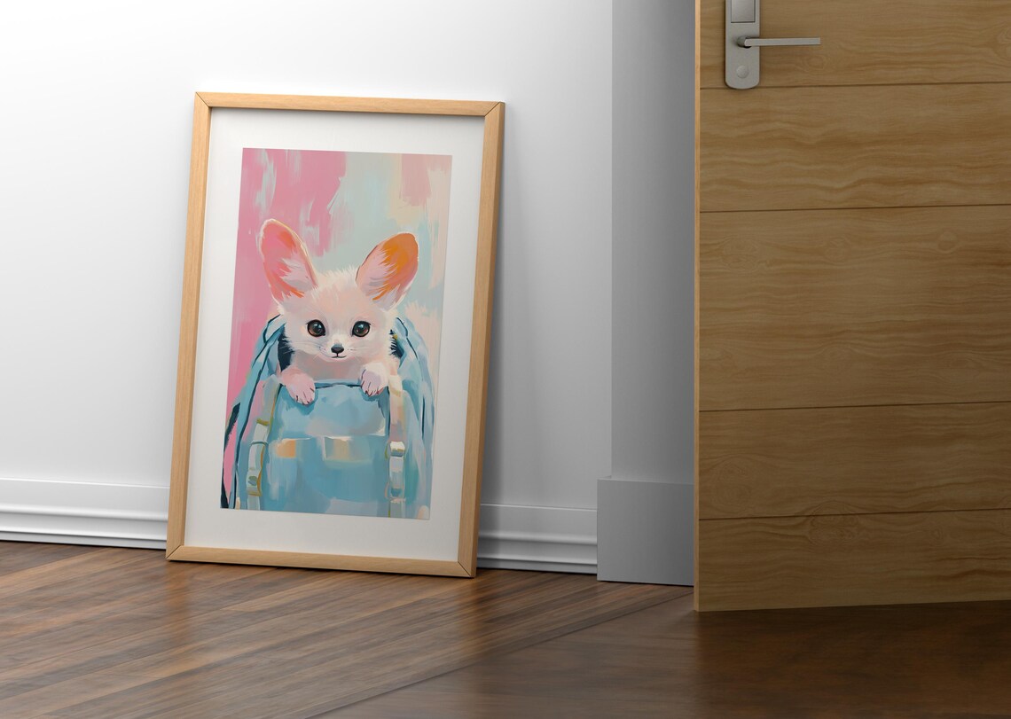 Cute Fennec Fox Kit Peeking From Blue Backpack Pastel Nursery Painting Poster - Image 2