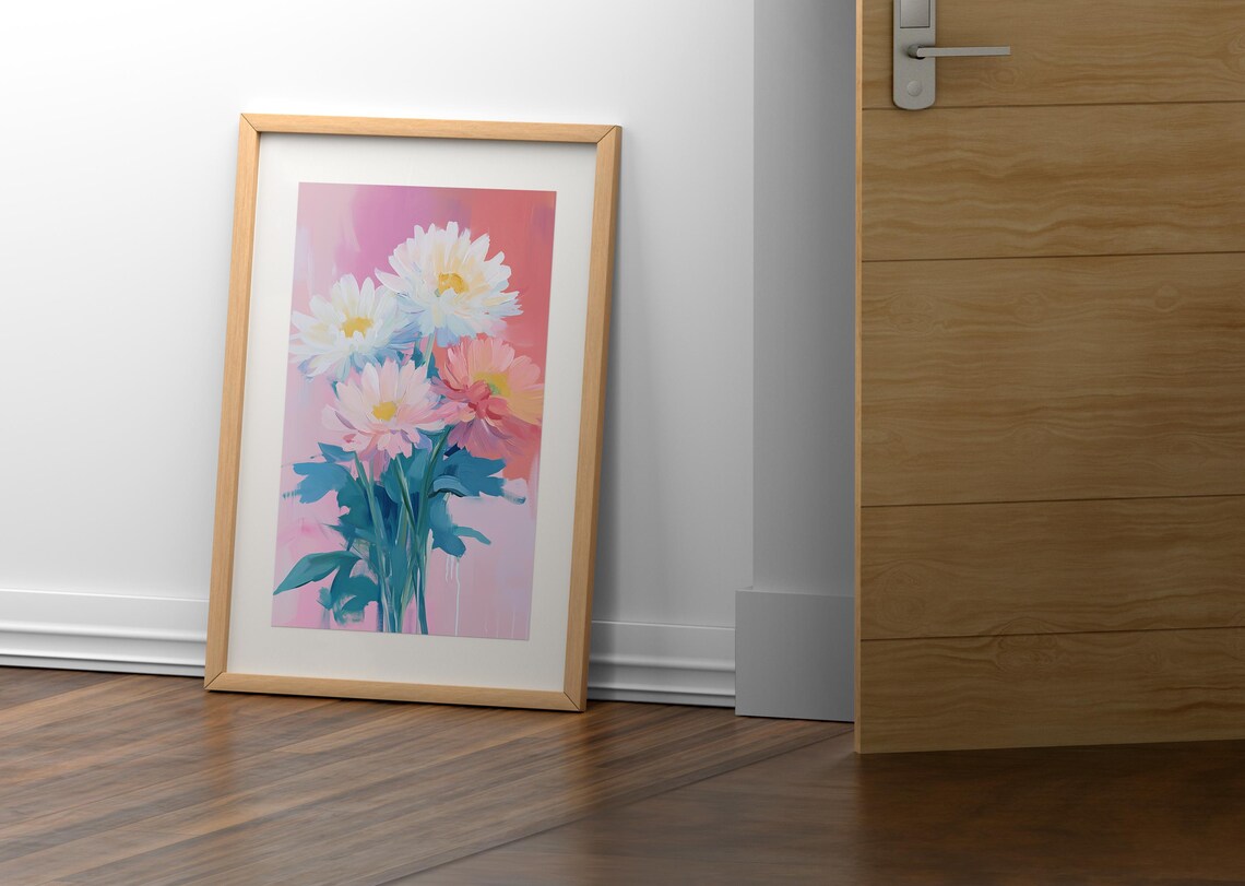 White Chrysanthemum Bloom Pastel Floral Painting Pink Background Poster - Image 2