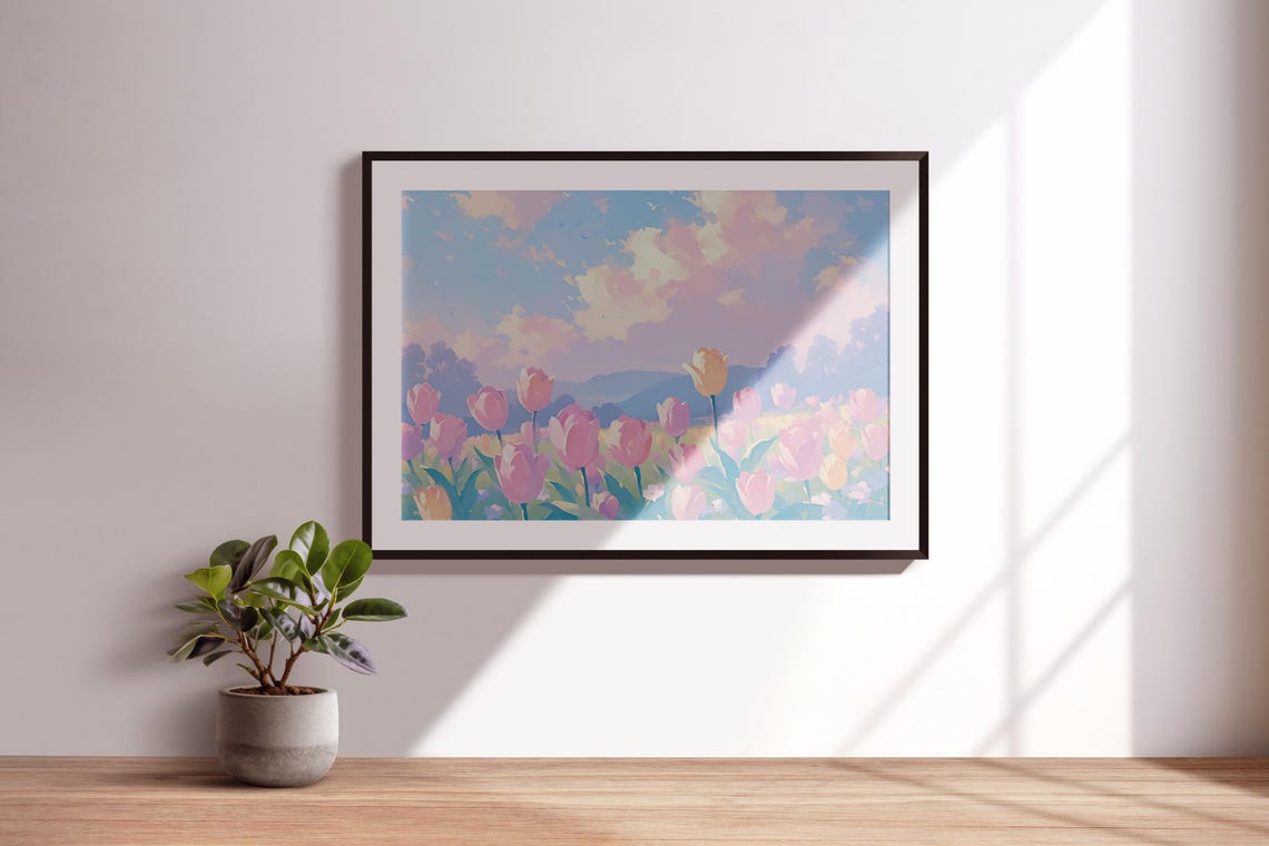 Field Of Pink Tulips Under Pastel Clouds Spring Bloom Art Poster - Image 3
