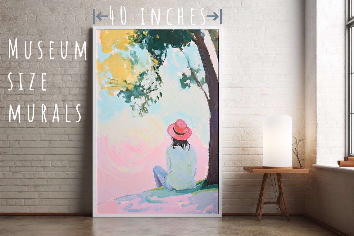 Woman Watching Pink Sunset Under Tree Pastel Solitude Art Poster - Image 5