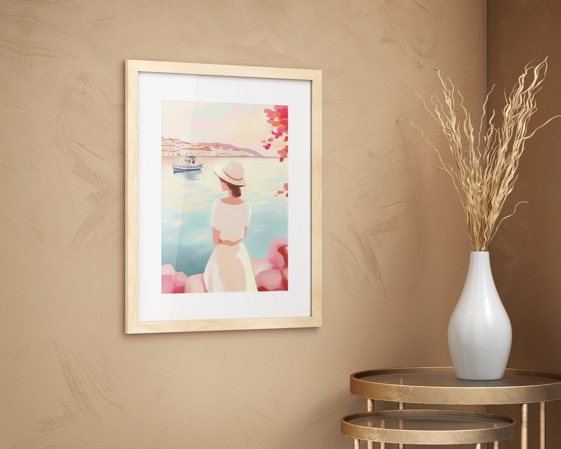 Mediterranean Harbor Woman Overlooking Boat Coastal Scene Art Poster - Image 4