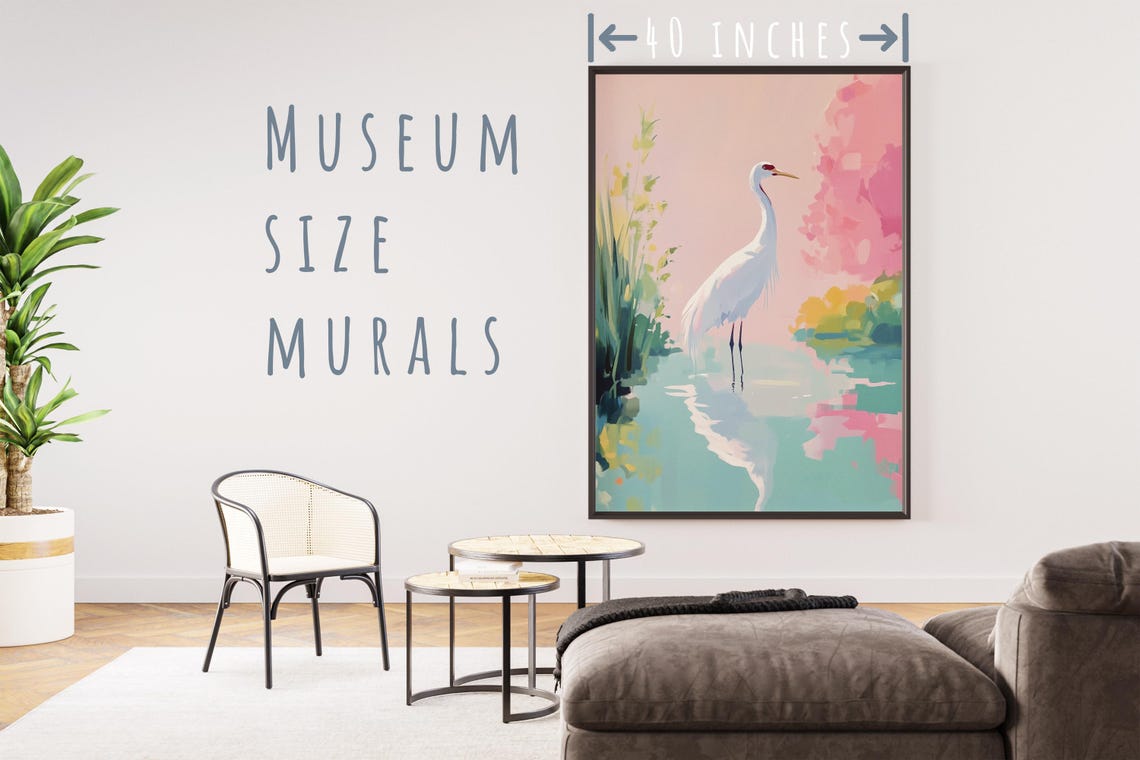 White Crane Bird Turquoise Pond Pink Blossom Tree Serene Art Poster - Image 5