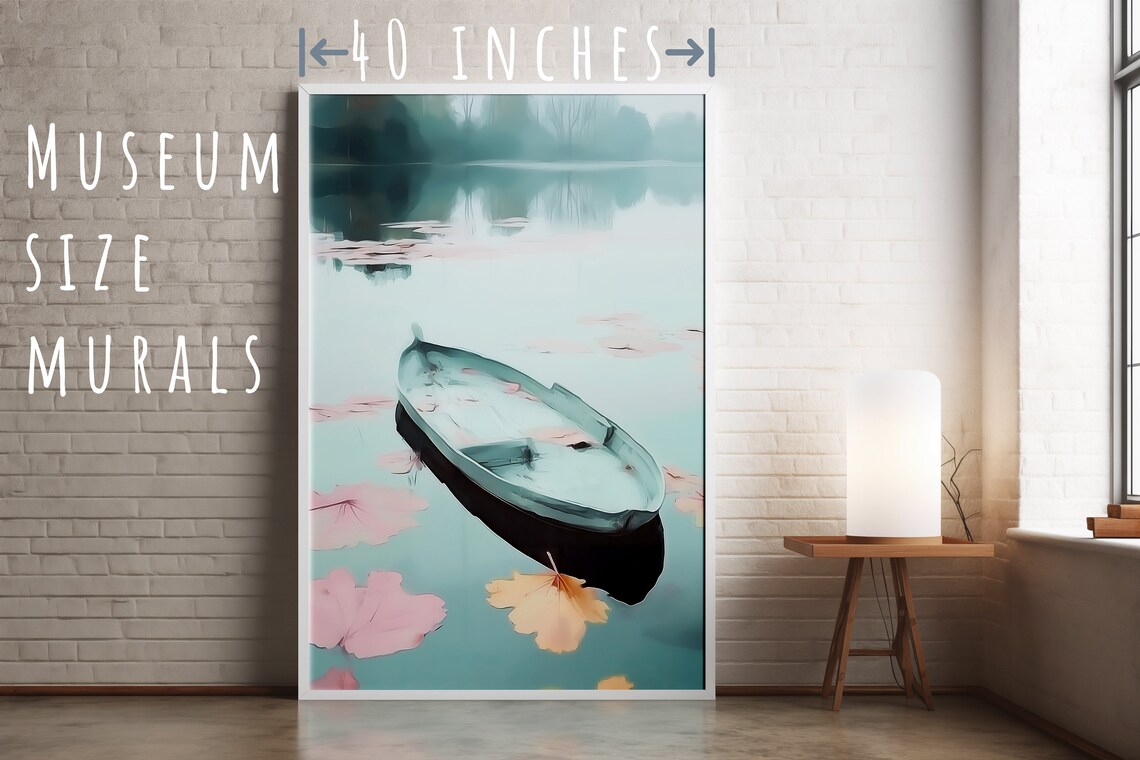 Empty Wooden Boat Floating Among Pink Lotus Leaves Misty Lake Art Poster - Image 5